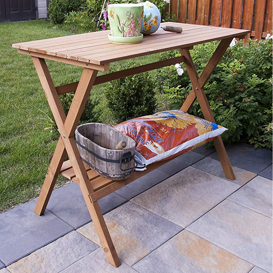Wood Potting Bench Work Station Garden Table with Lower Shelf