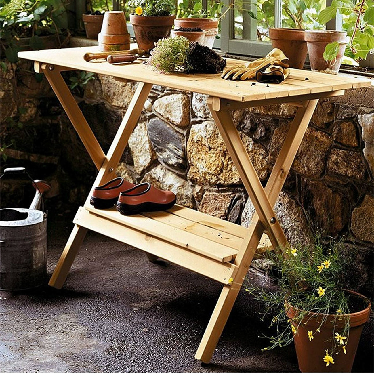 Wood Potting Bench Work Station Garden Table with Lower Shelf