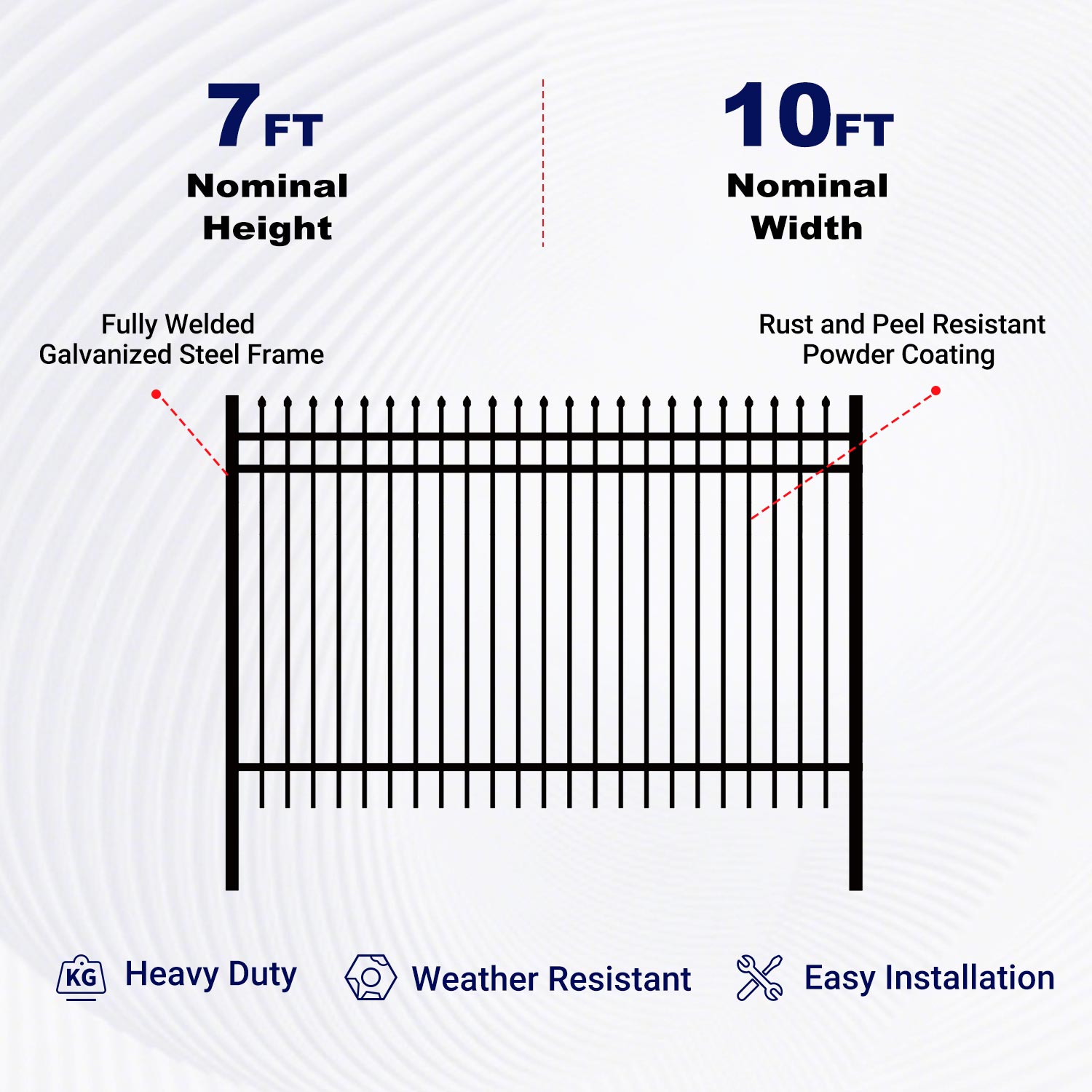 10x7 ft Steel Fence with 3 Rails, 30 Panels