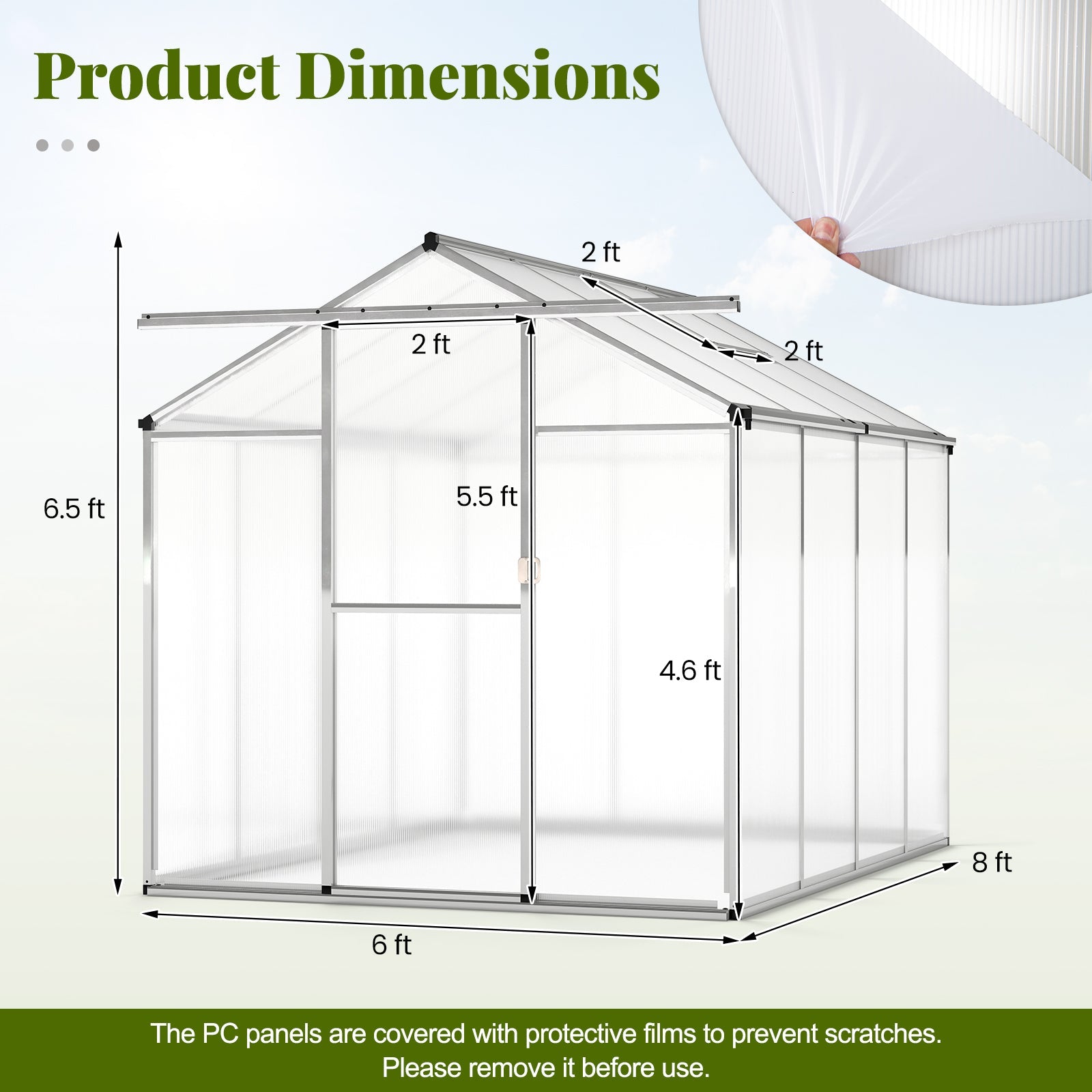 Large Walk-in Greehouse with Rain Gutters and Polycarbonate Panels-8 FT