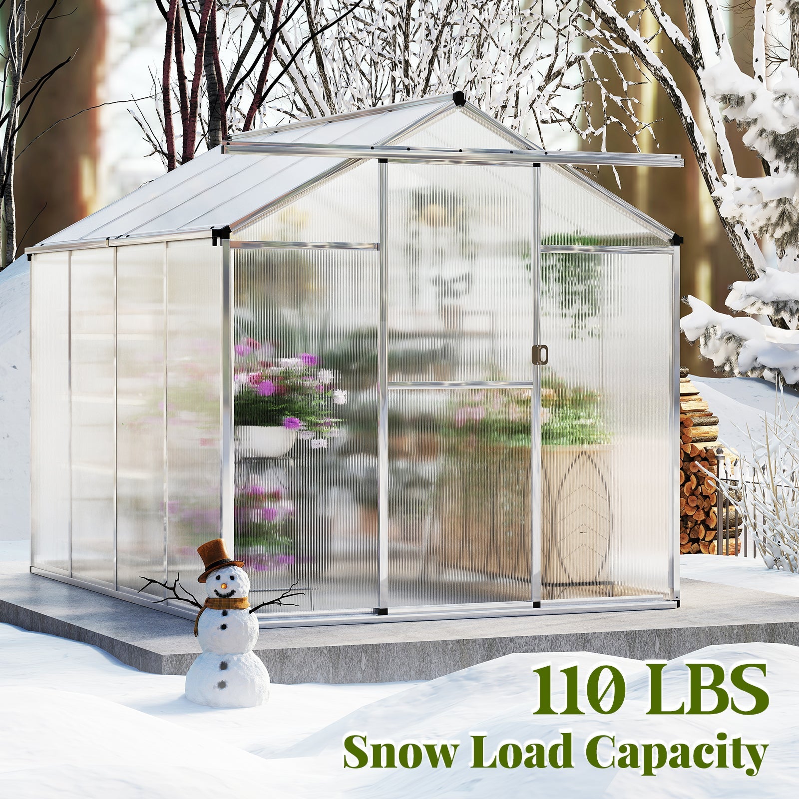 Large Walk-in Greehouse with Rain Gutters and Polycarbonate Panels-8 FT