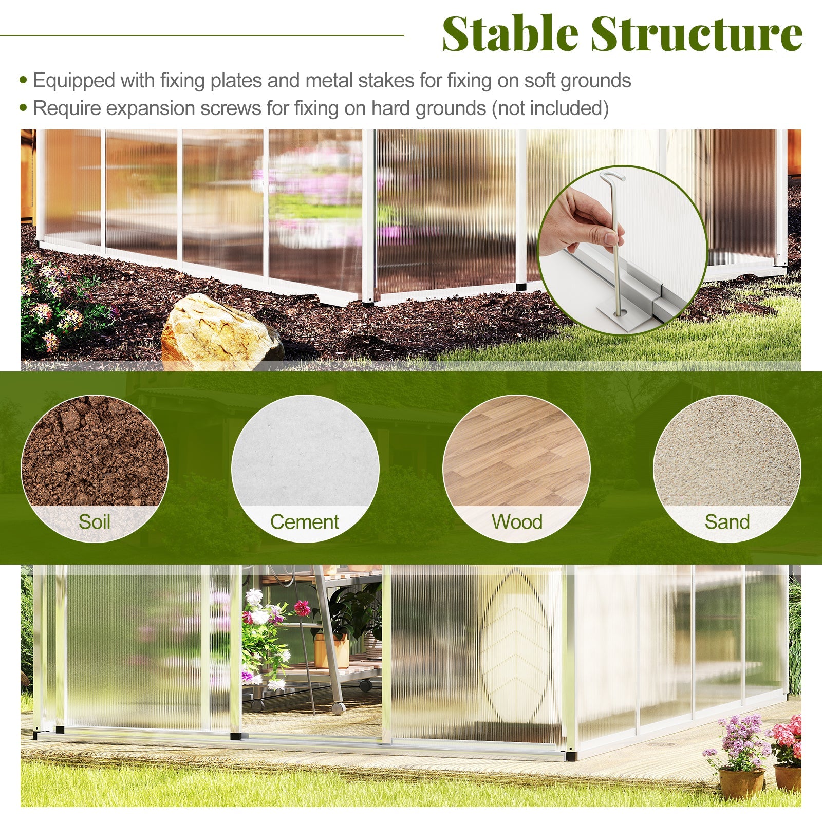 Large Walk-in Greehouse with Rain Gutters and Polycarbonate Panels-8 FT