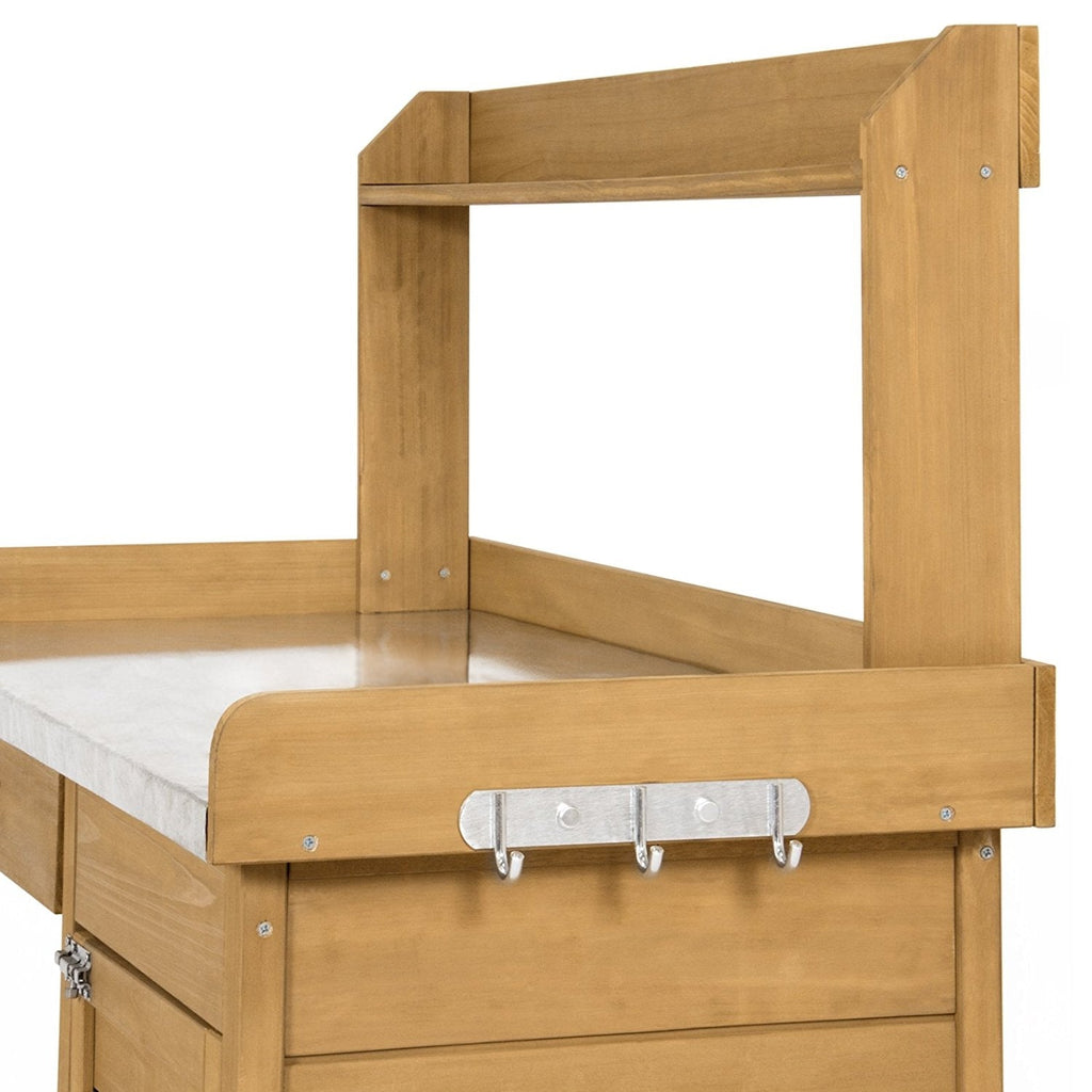 Natural Fir Wood Potting Bench Garden Work Station Table with Metal Top