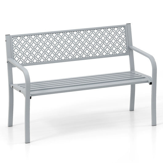 50 Inches Outdoor Garden Bench with Geometric Lattice Backrest and Slatted Seat-Black
