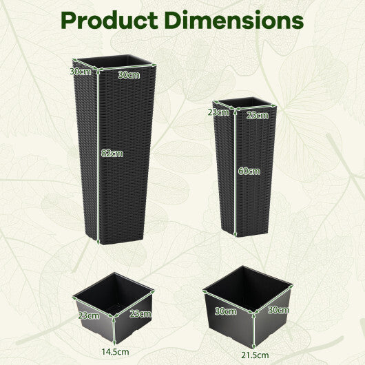 Rattan Tall Planter Set of 2 Outdoor Large Tapered Planters with Removable Inner Trays-Black