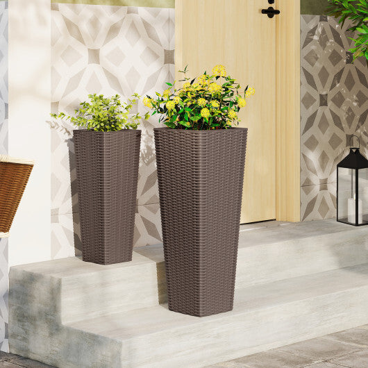 Rattan Tall Planter Set of 2 Outdoor Large Tapered Planters with Removable Inner Trays-Black