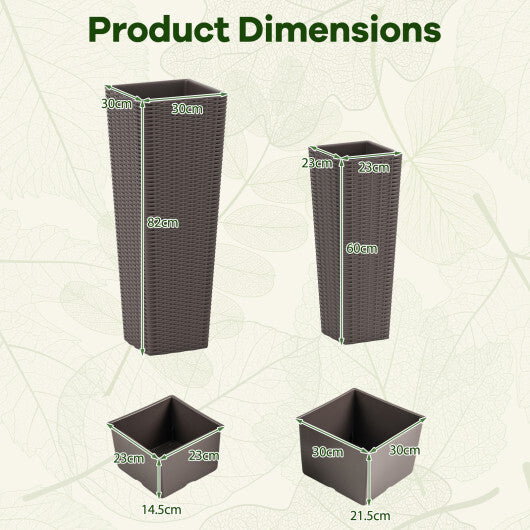 Rattan Tall Planter Set of 2 Outdoor Large Tapered Planters with Removable Inner Trays-Black