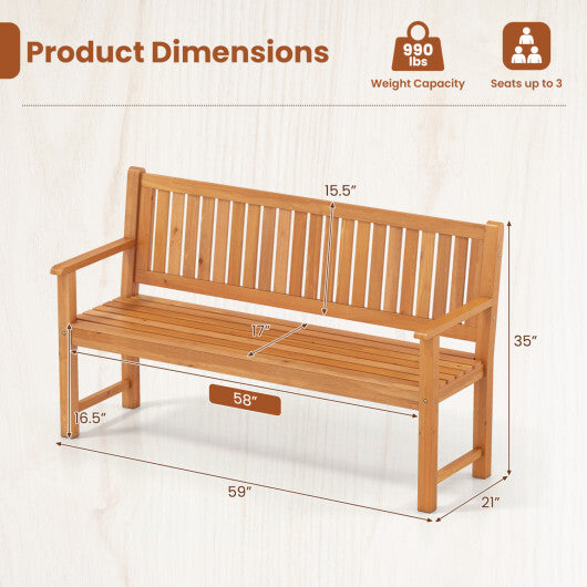 3-Seater Outdoor Wooden Bench 59 inch Large Garden Bench with Backrest-Yellow
