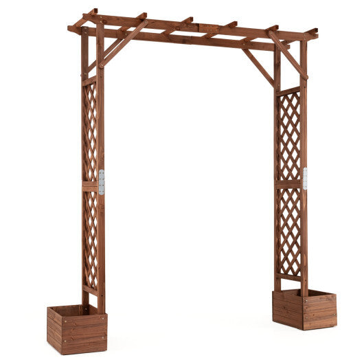 87in Tall Wooden Garden Arbor with Planter Boxes and Hanging Roof for Climbing Plants-Orange