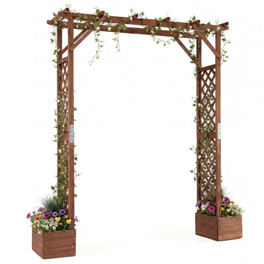 87in Tall Wooden Garden Arbor with Planter Boxes and Hanging Roof for Climbing Plants-Orange