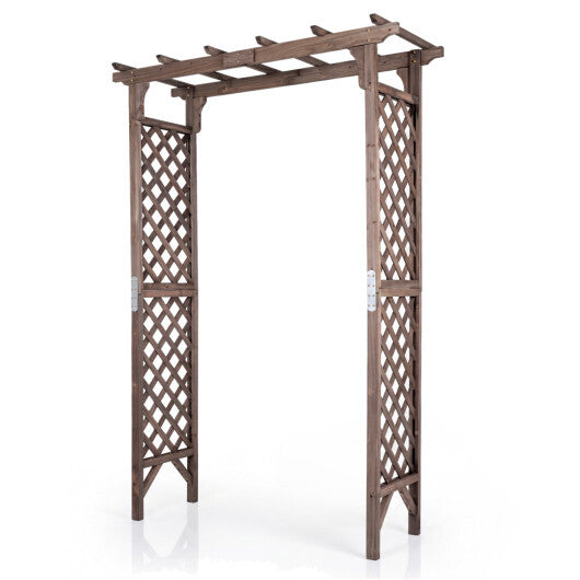 Flat Top Garden Arch with Gate 85" Tall Wood for Climbing Plants and Wedding-Brown