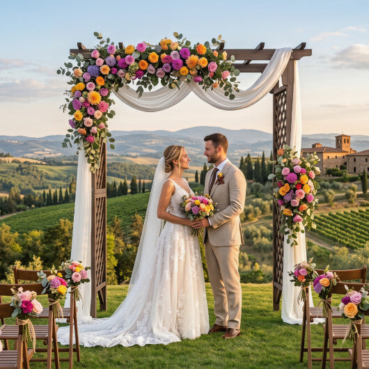 Flat Top Garden Arch with Gate 85" Tall Wood for Climbing Plants and Wedding-Brown