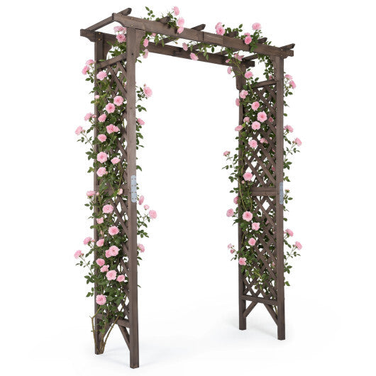 Flat Top Garden Arch with Gate 85" Tall Wood for Climbing Plants and Wedding-Brown
