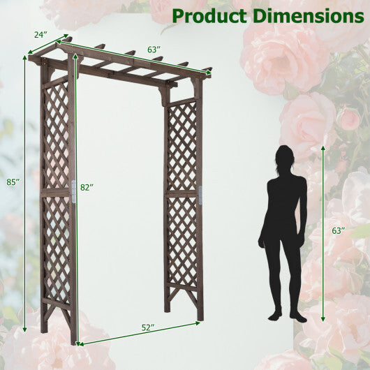 Flat Top Garden Arch with Gate 85" Tall Wood for Climbing Plants and Wedding-Brown