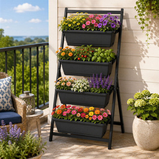 4-Tier Vertical Raised Garden Bed with 4 Containers and Drainage Holes-Black