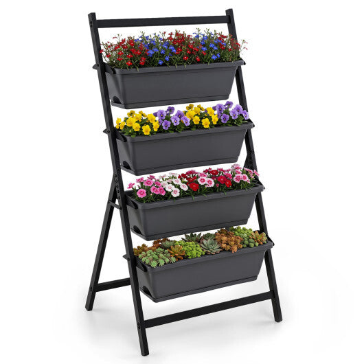 4-Tier Vertical Raised Garden Bed with 4 Containers and Drainage Holes-Black