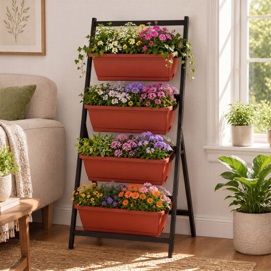 4-Tier Vertical Raised Garden Bed with 4 Containers and Drainage Holes-Black