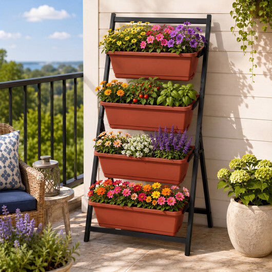 4-Tier Vertical Raised Garden Bed with 4 Containers and Drainage Holes-Black
