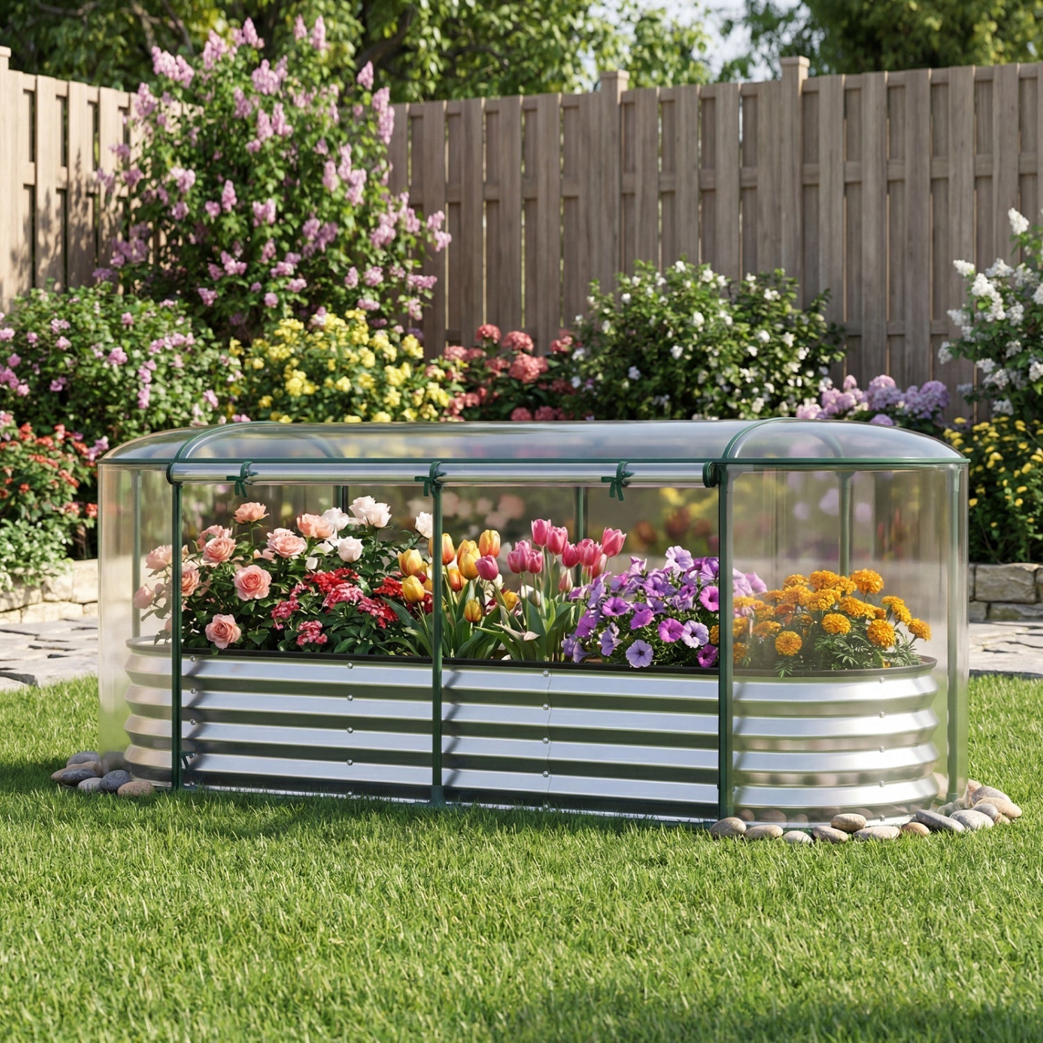 Outdoor Color Steel Raised Garden Bed with Greenhouse Cover Roll-up Window