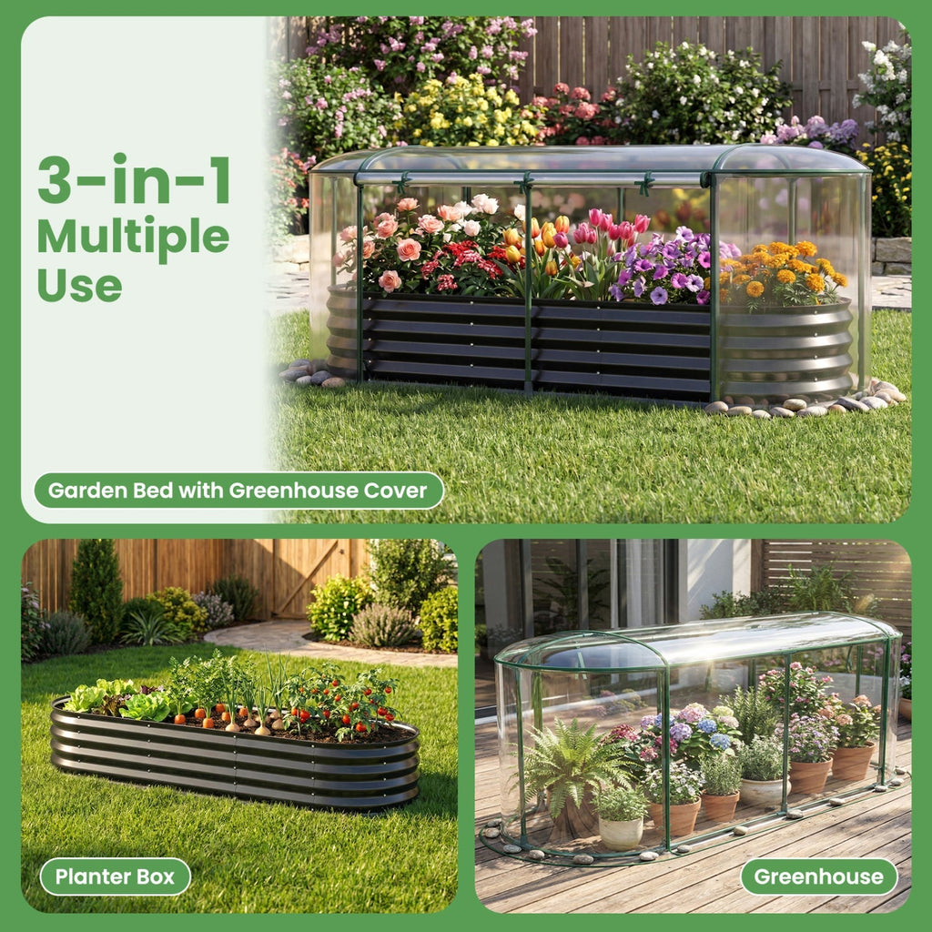 Outdoor Color Steel Raised Garden Bed with Greenhouse Cover Roll-up Window