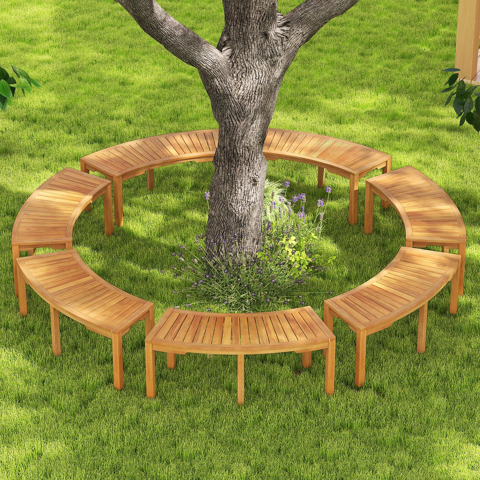 Set of 7 Outdoor Bench Acacia Wood Curved Garden Bench 2-Person
