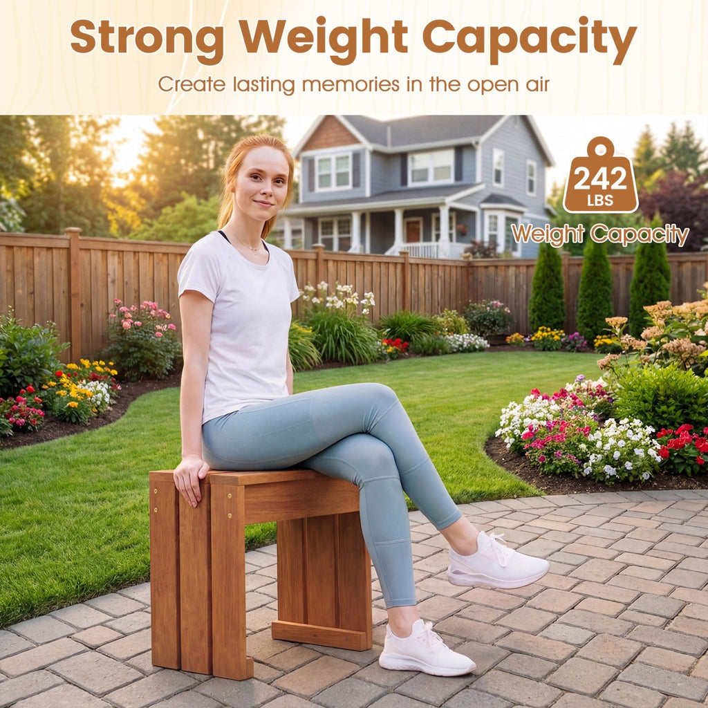 Outdoor Garden Bench Single Person Patio Backless Bench with Solid Wooden Frame