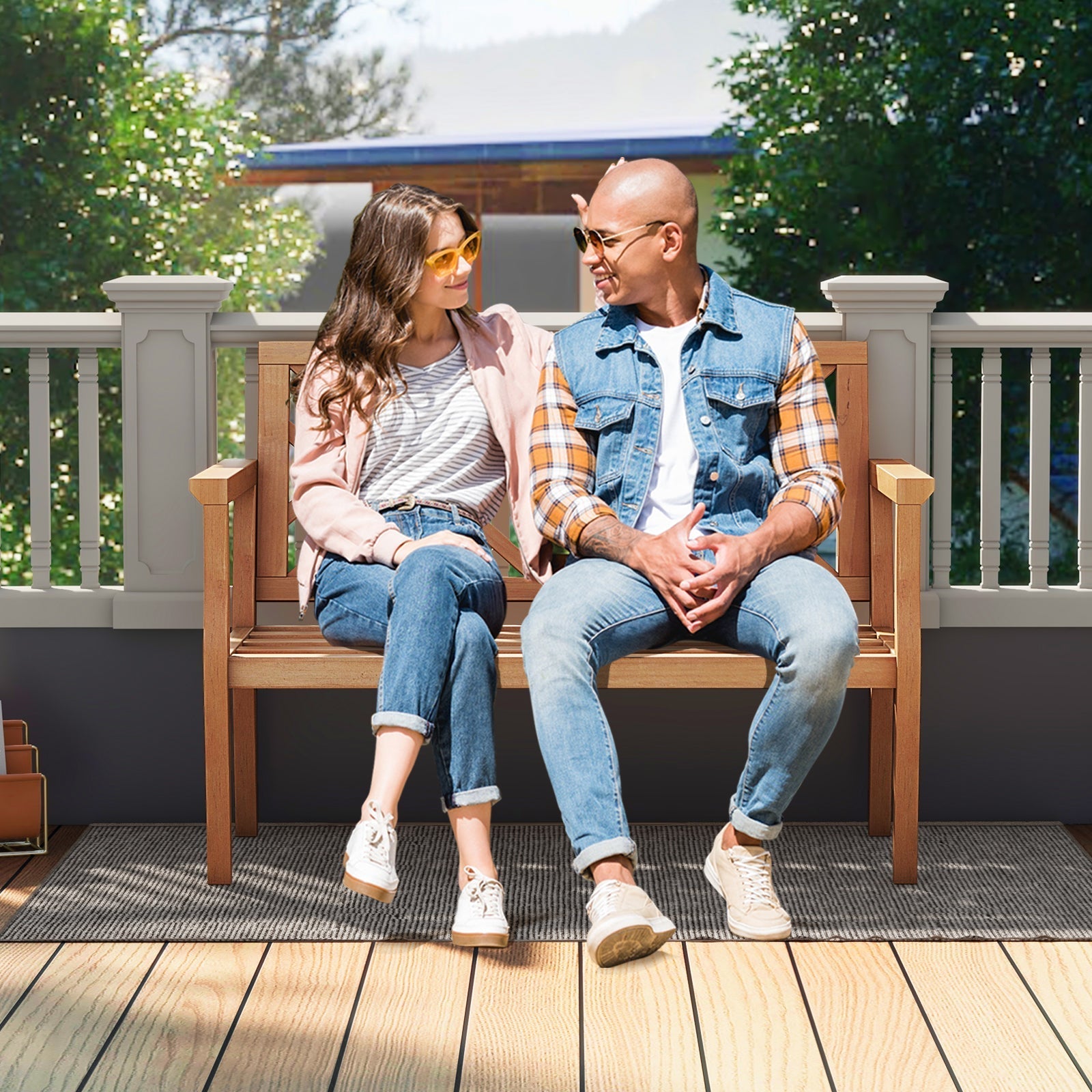 Outdoor Garden Bench 2-Person Teak Wood Bench with Comfy Armrests and Backrest