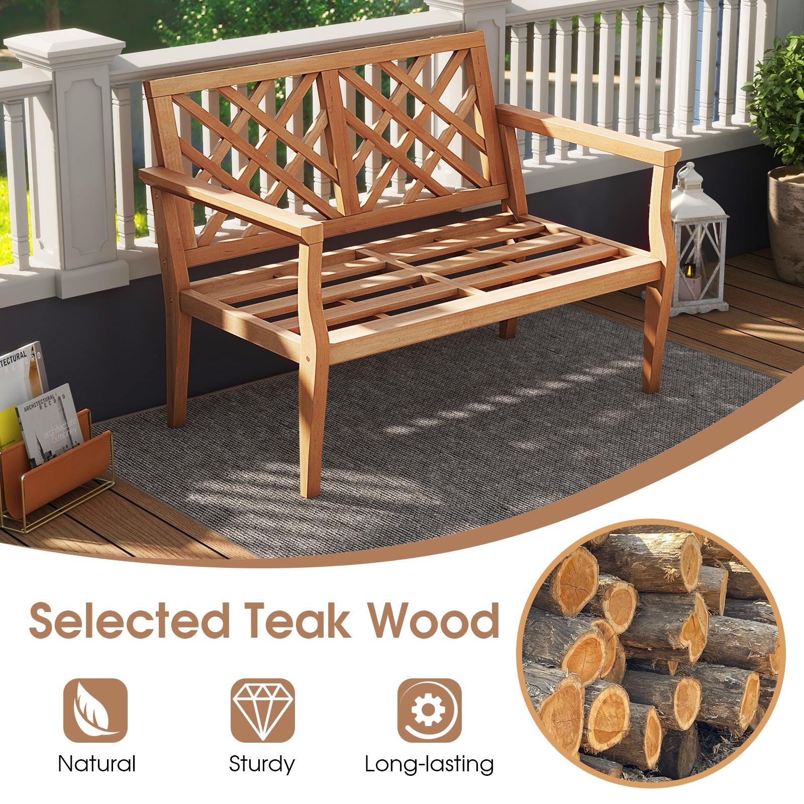 Outdoor Garden Bench 2-Person Teak Wood Bench with Comfy Armrests and Backrest