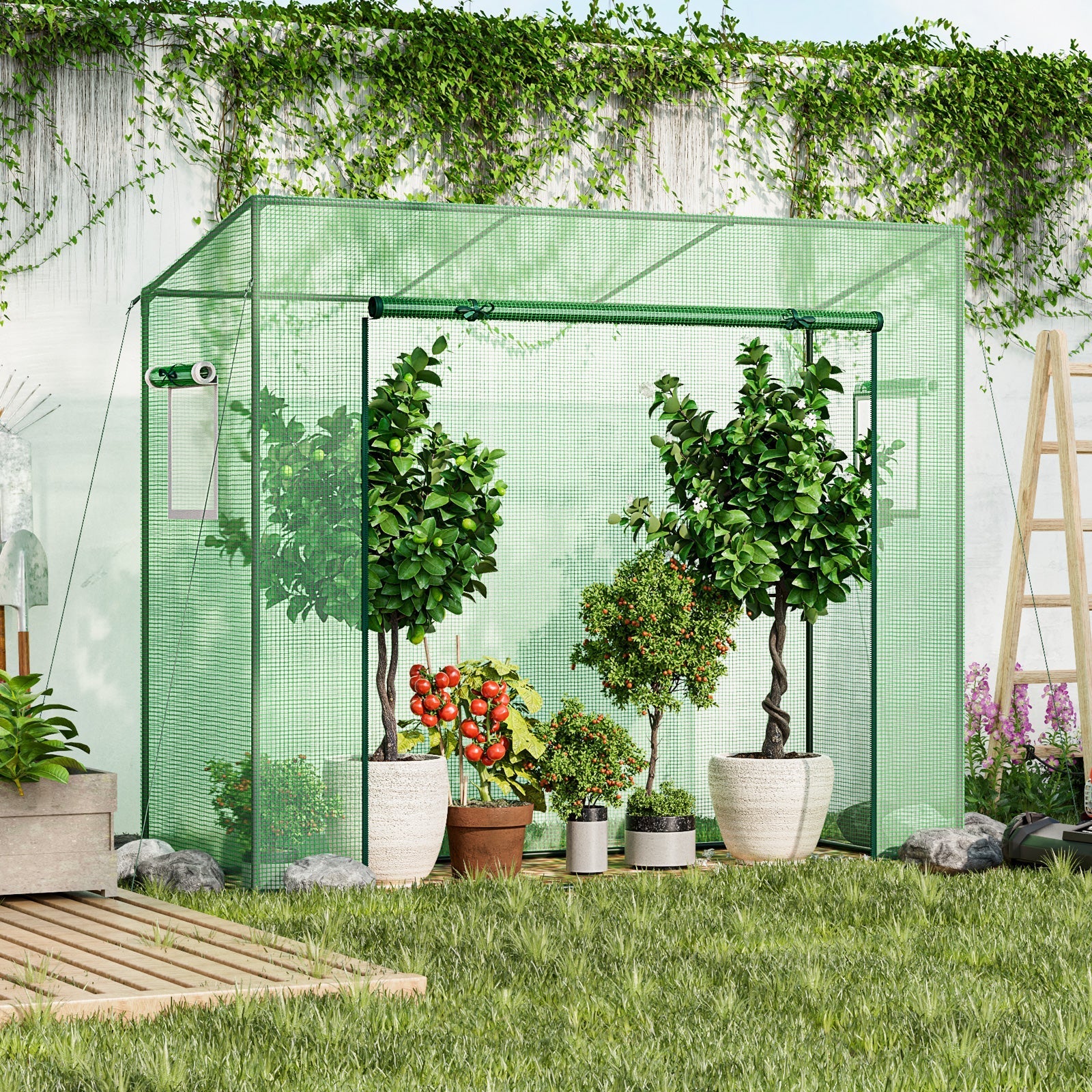 Outdoor Portable Walk-in Greenhouse with PE Cover Heavy-Duty Metal Frame Roll-up Zipper Door