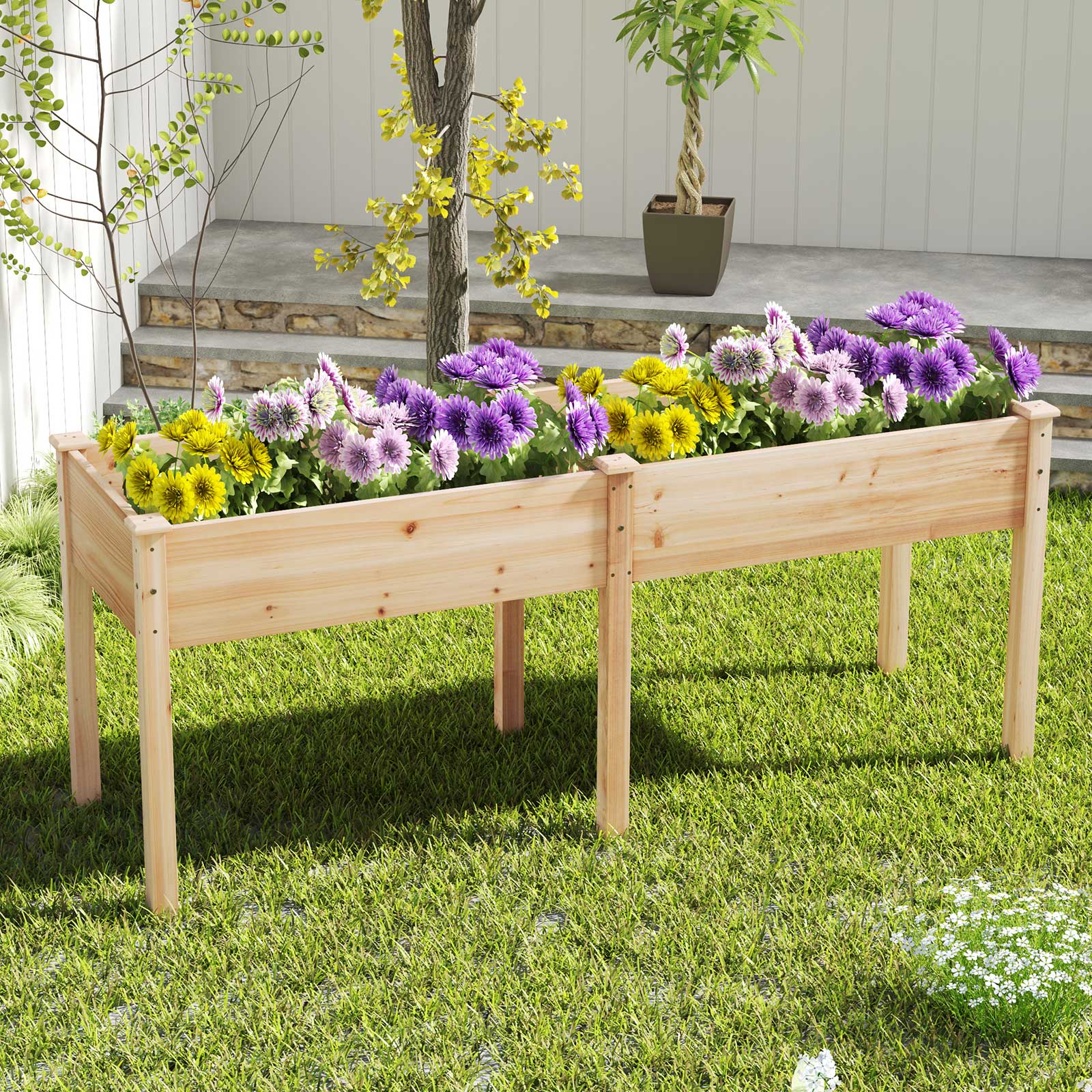 Fir Wood Outdoor Raised Garden Bed with Divider Panel and Drainage Holes