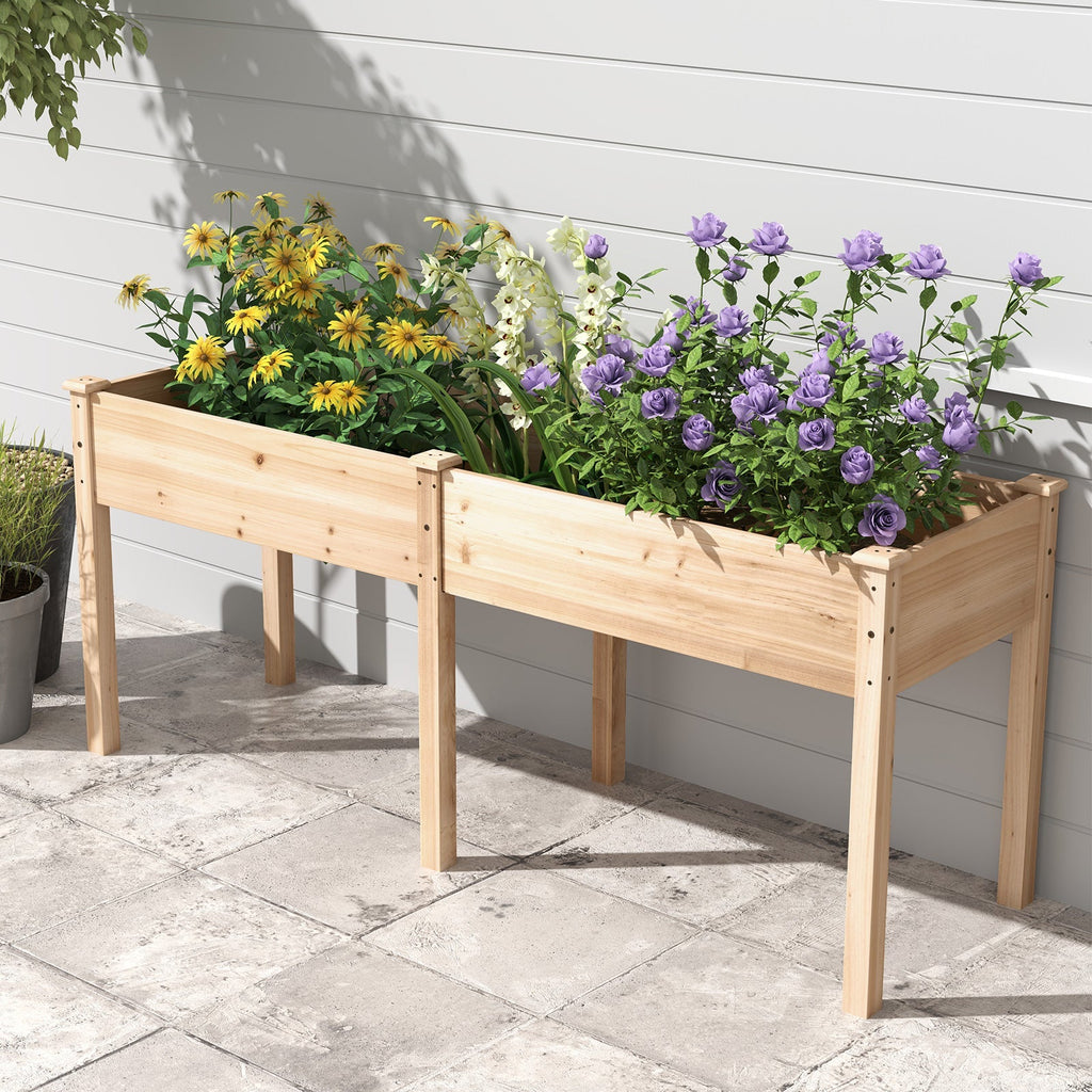 Fir Wood Outdoor Raised Garden Bed with Divider Panel and Drainage Holes