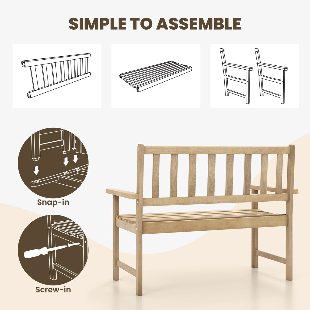 Outdoor Indonesia Teak Wood Garden Bench 2-Person with Backrest and Armrests
