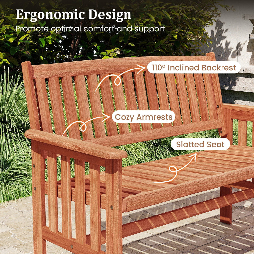 Outdoor Wood Garden Bench 2-Person Patio Park Bench with Backrest Armrests and Slatted Seat