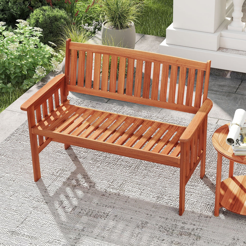 Outdoor Wood Garden Bench 2-Person Patio Park Bench with Backrest Armrests and Slatted Seat
