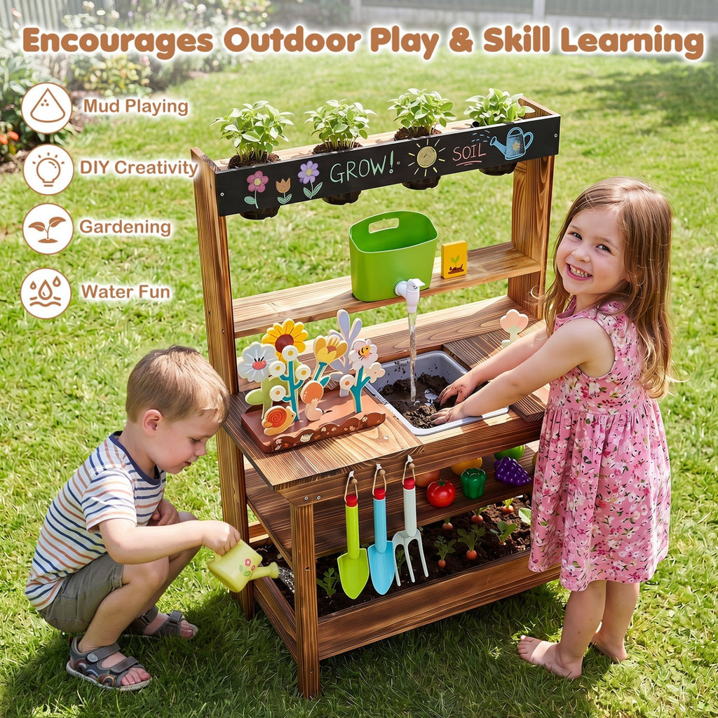 Outdoor Wooden Mud Kitchen with Water Faucet & Planter