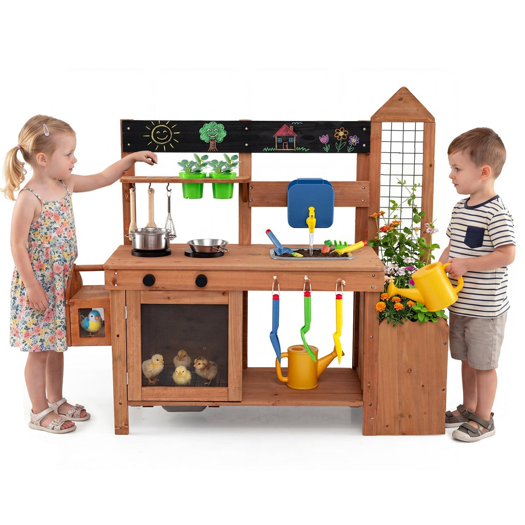Outdoor Wooden Mud Kitchen with Planter Box and Sink