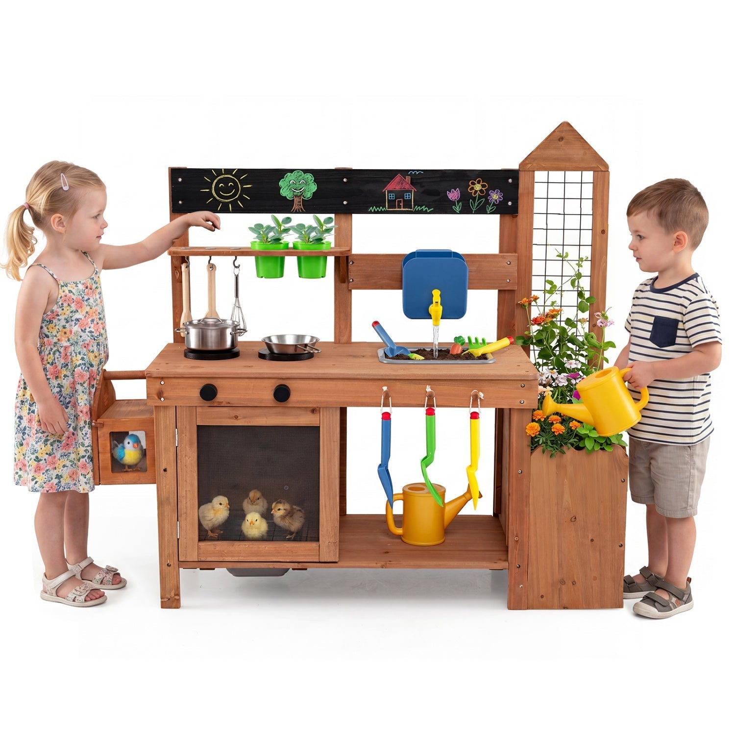 Outdoor Wooden Mud Kitchen with Planter Box and Sink