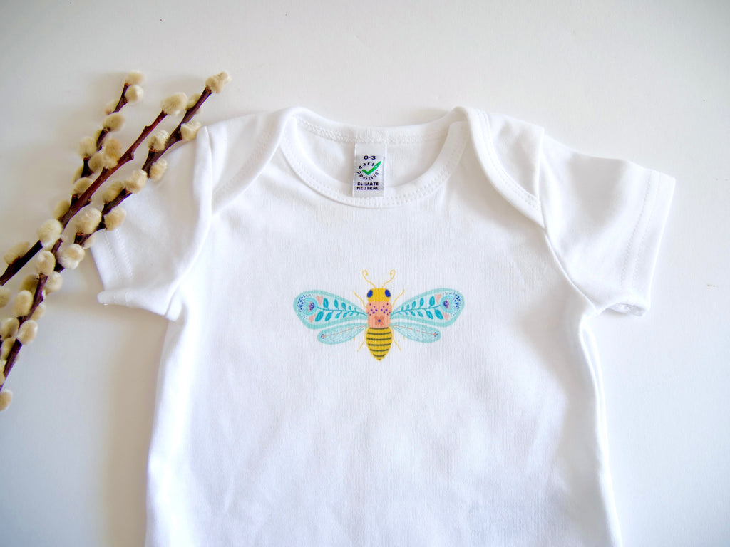 Folk Art Bee Organic Onesie - on White (Celebrate Pollinators)
