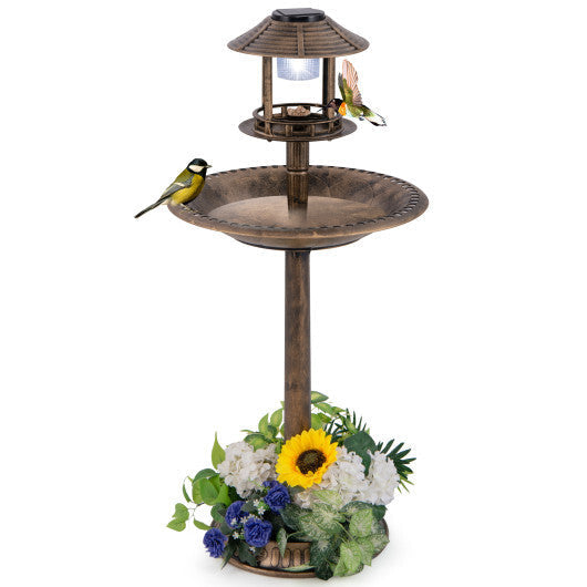 Pedestal Bird Bath with Solar Light with Bird Feeder and Flower Planter-Green