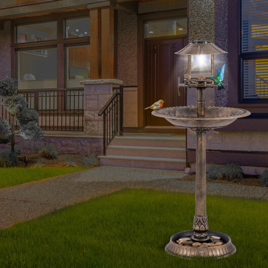 Pedestal Bird Bath with Solar Light with Bird Feeder and Flower Planter-Green