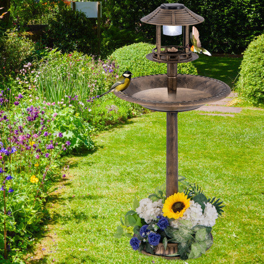 Pedestal Bird Bath with Solar Light with Bird Feeder and Flower Planter-Green