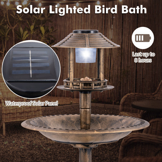 Pedestal Bird Bath with Solar Light with Bird Feeder and Flower Planter-Green