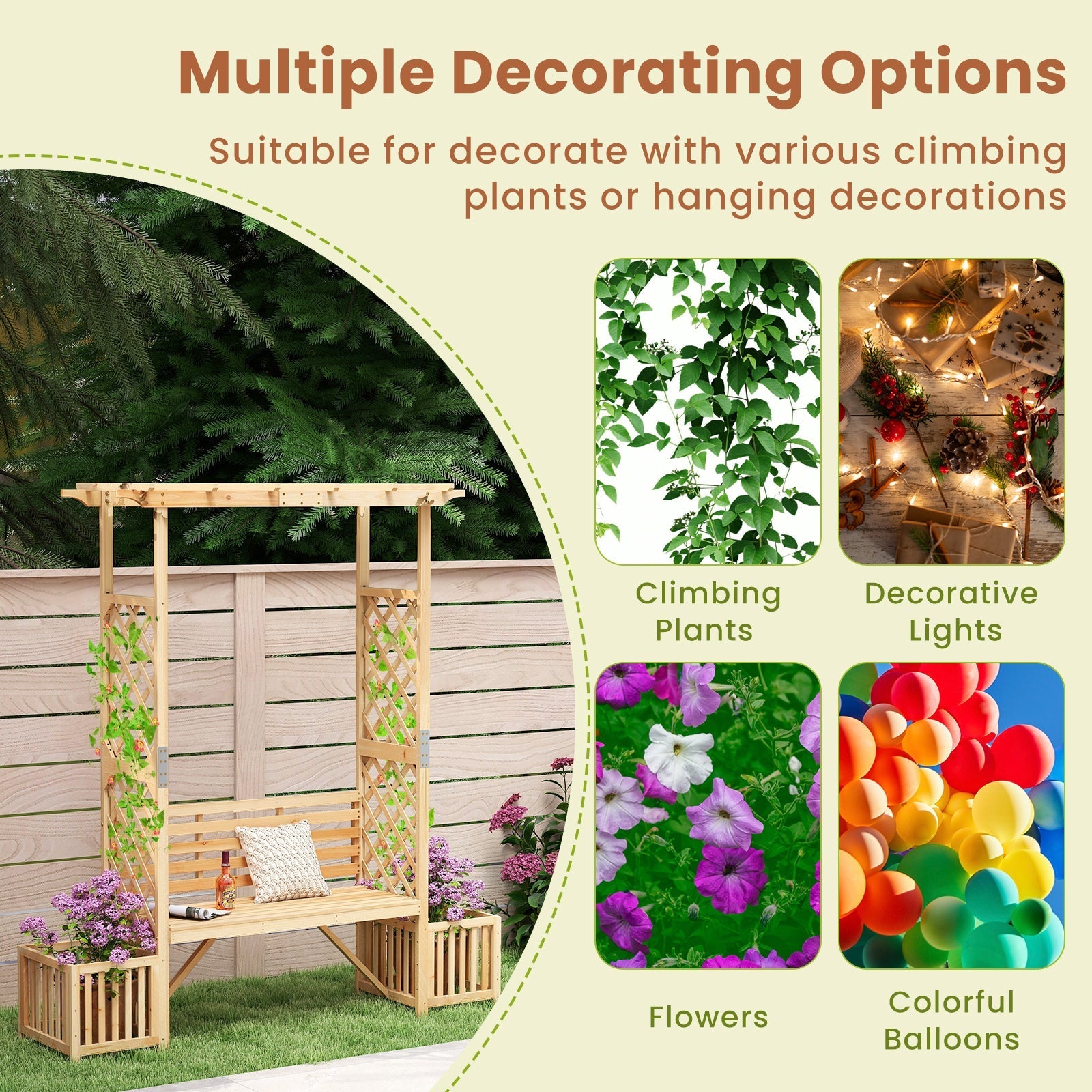 Patio Garden Bench Arbor ArchOutdoor Wood Decorative Seating-Natural