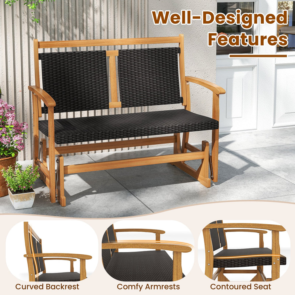 Patio Rattan Glider Bench for 2 with Acacia Wood Frame and Wicker Seat Back