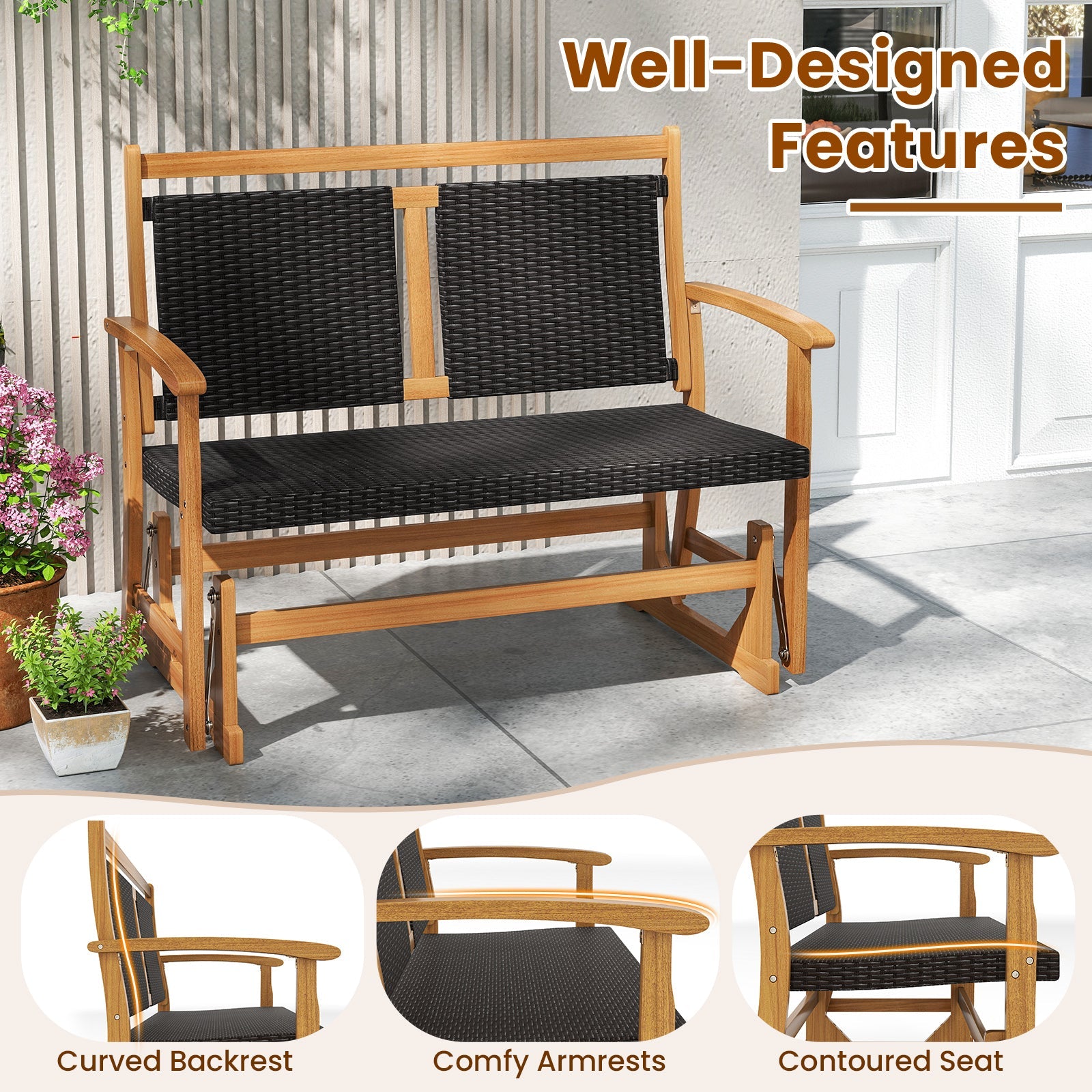 Patio Rattan Glider Bench for 2 with Acacia Wood Frame and Wicker Seat Back