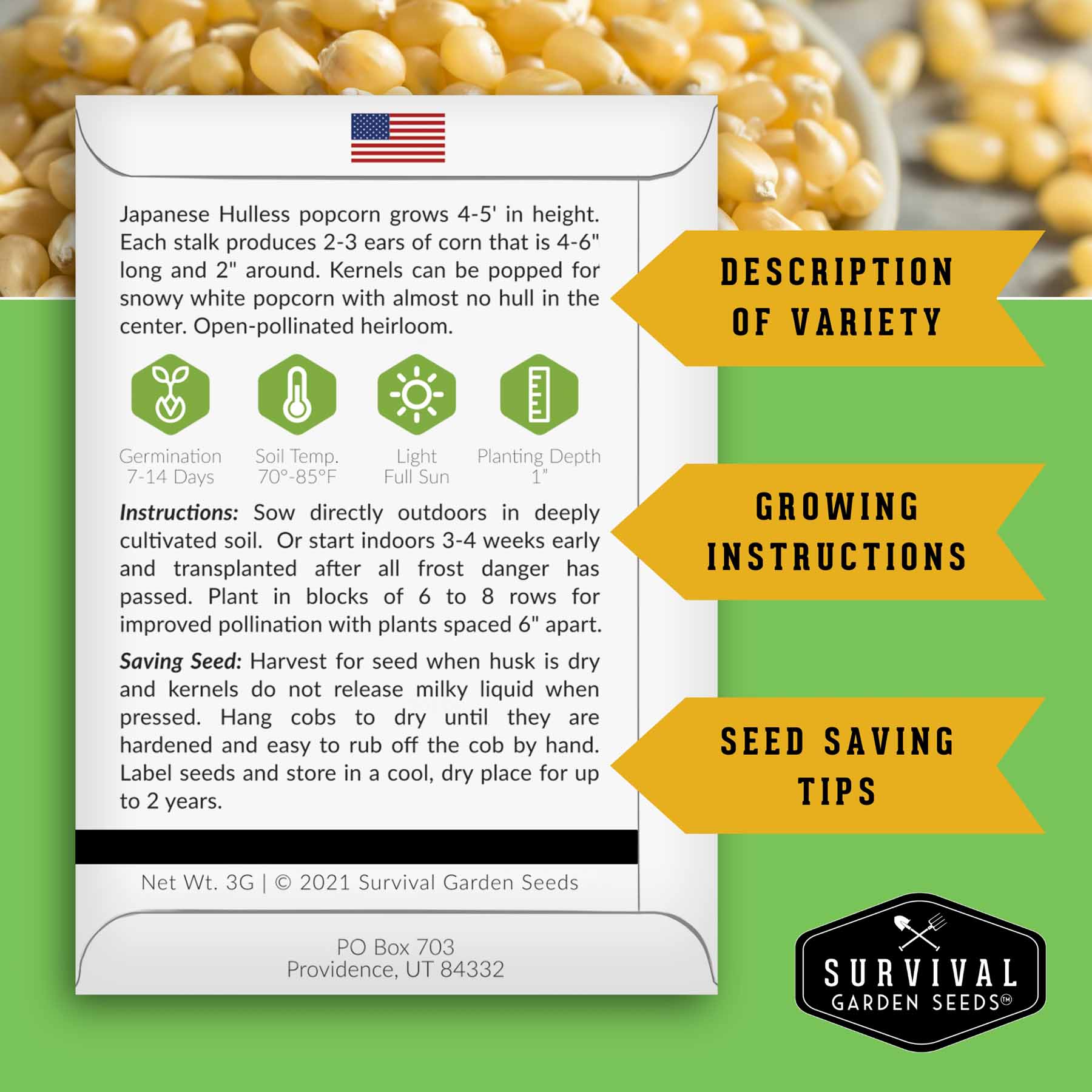 Popcorn Seed Collection – Strawberry & Japanese Hulless Popcorn Seeds for Home Gardens, Snacking, and Decorative Use
