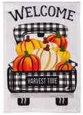 Pumpkin Plaid Truck Garden Flag 2 Sided Burlap