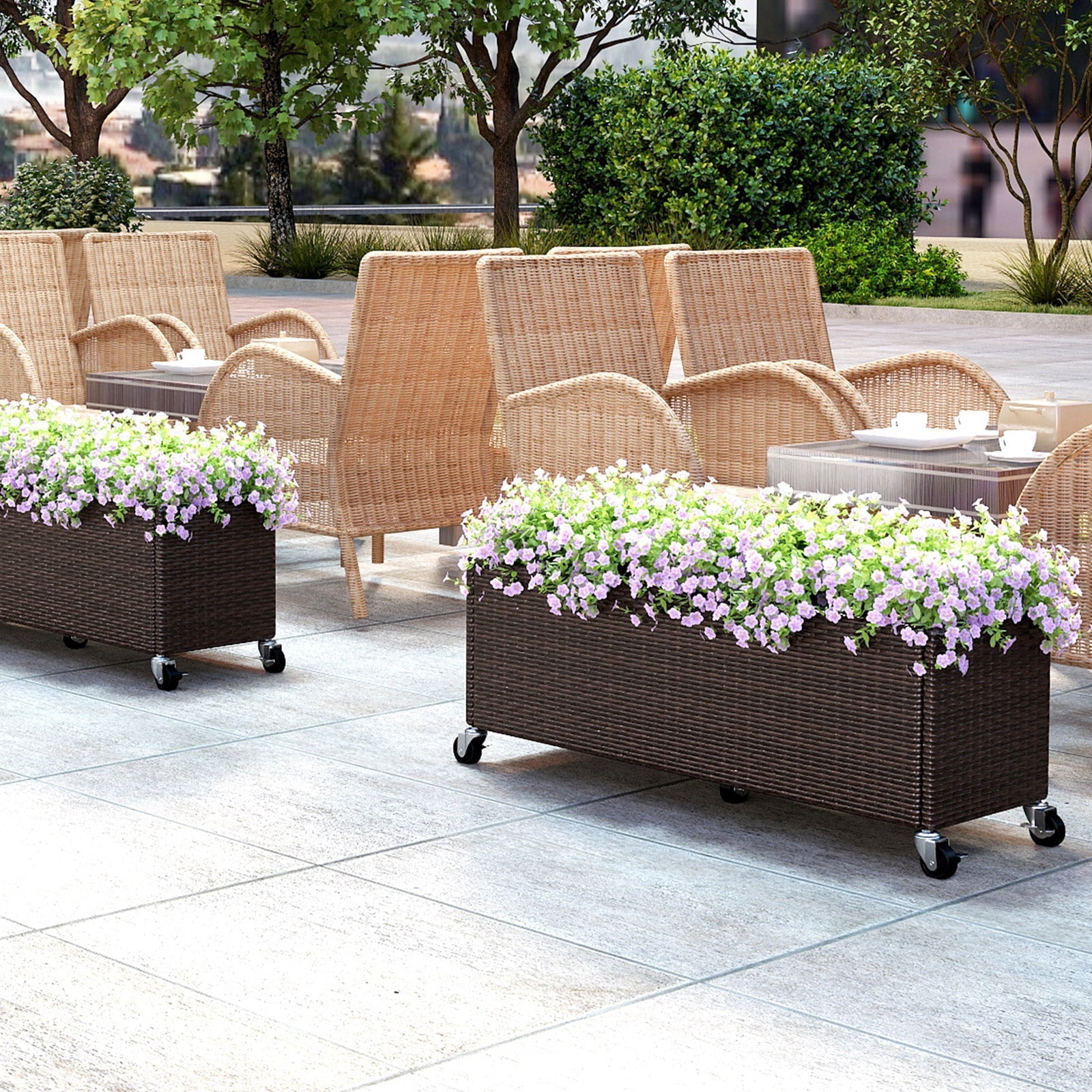 Raised Garden Bed PE Rattan Wicker Patio Planter Box with Wheels and Liner