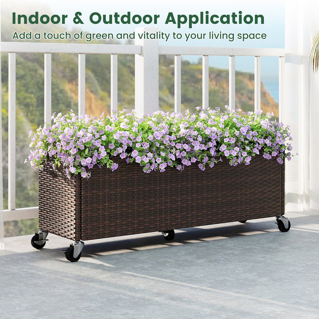Raised Garden Bed PE Rattan Wicker Patio Planter Box with Wheels and Liner
