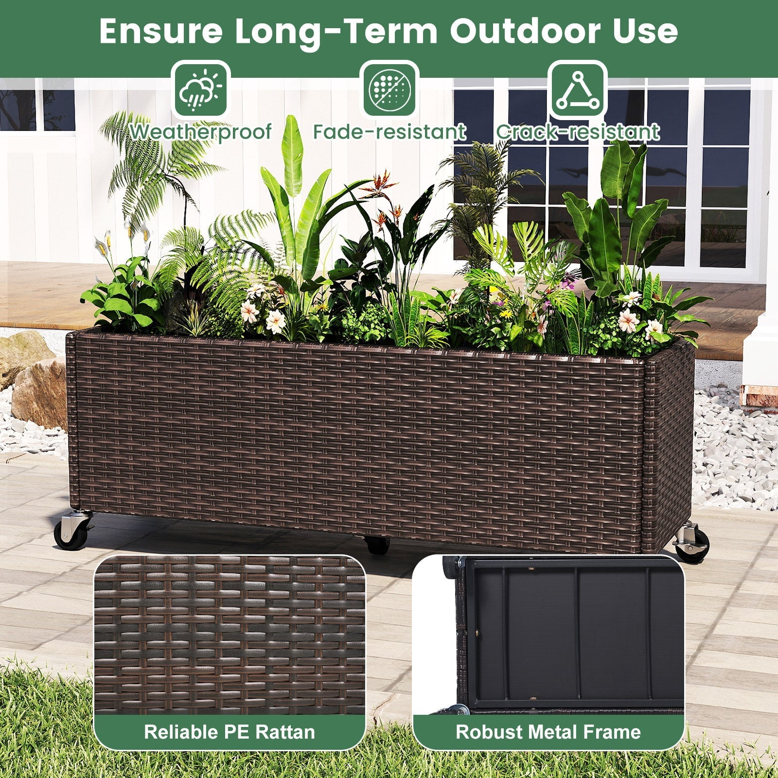 Raised Garden Bed PE Rattan Wicker Patio Planter Box with Wheels and Liner